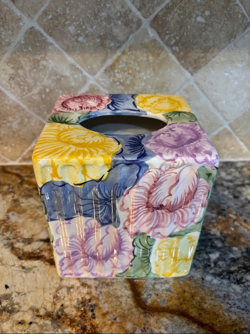 Floral Ceramic Square Tissue Box Cover -Hand-painted in Portugal